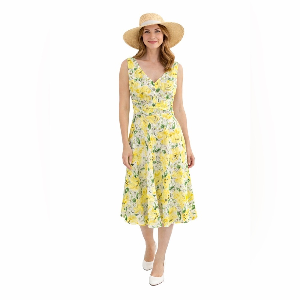 Vintage 90s Y2K Robbie Bee Yellow Floral A-Line Dress 8P